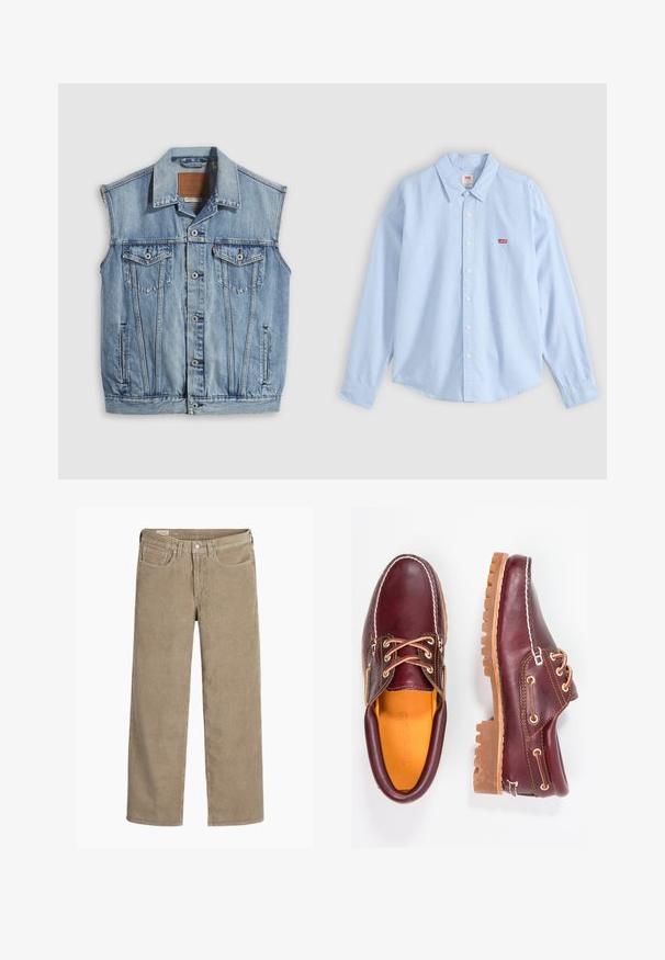 Denimvest i lyseblå med spidse krave, knapper foran, to brystlommer og sidelommer; har et lædermærke med mærket.; Lyseblå skjorte med lange ærmer, knapper og krave, med rødt Levi's-logo på venstre brystlomme, lagt fladt på en grå baggrund.; Lysebrune fløjlsbukser i bred ben-design, med knap- og lynlåslukning, fem lommer og en blød, ribbet tekstur.; Bordeaux lædersko med brune gummisåler, rund tå, hvid syning og gyldne snøringer. Indersiden har et gult for.