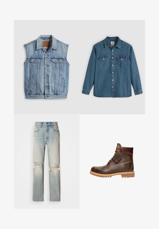 Jeansweste in Hellblau mit spitzem Kragen, vorderer Knopfleiste, zwei Brusttaschen und Seitentaschen; mit Leder-Branding-Patch versehen.; Blaues Denimhemd mit langen Ärmeln, durchgeknöpft, zwei Brusttaschen und einem Kragen. Verfügt über Ziernähte und eine lockere Passform.; Helle blaue Denim-Jeans mit hoher Taille, weitem Bein und auffälligen Rissen an den Knien. Verfügt über fransige Kanten und dezente Ausbleichungen.; Braune Leder-Ankelstiefel mit runder Zehenpartie, robuster Sohle, goldfarbener Hardware und strukturiertem Obermaterial. Enthält ein angehängtes Logo-Tag.