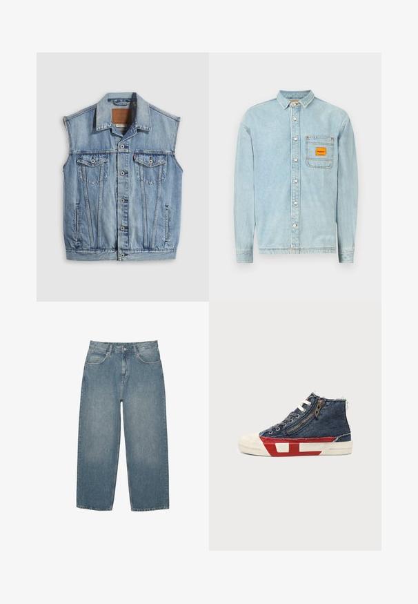 Denimvest in lichtblauw met een puntige kraag, knoopsluiting aan de voorkant, twee borstzakken en zijzakken; voorzien van een lederen merkpatch.; Lichtblauw denimsoverhemd met een kraag met knopen, lange mouwen, een borstzak met een oranje label en witte knopen.; Blauwe high-waisted straight-leg jeans met voorzakken, riemlussen, knoopsluiting en subtiele vervaging op een witte achtergrond.; High-top sneaker met blauwe denimstof, witte veters, zijrits en rood-wit zoolontwerp op een effen achtergrond.