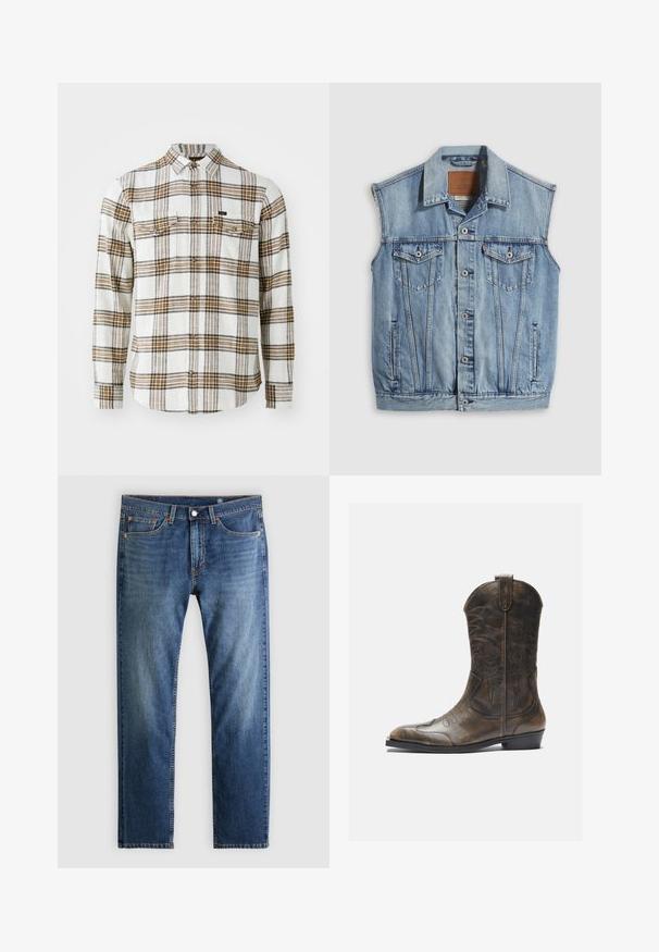 Denimvest in lichtblauw met een puntige kraag, knoopsluiting aan de voorkant, twee borstzakken en zijzakken; voorzien van een lederen merkpatch.; Lee CLEAN WESTERN - Overhemd - ecru ochre plaid; Blauwe spijkerbroek van denim met rechte pijpen, vijfzakkenmodel, knoop- en ritssluiting en subtiele vervaging aan de voorzijde van de dijen.; Bruine leren cowboylaars met een hoge schacht, spitse neus, ingewikkelde stikpatronen en een kleine hak. Gevarieerde afwerking overal.