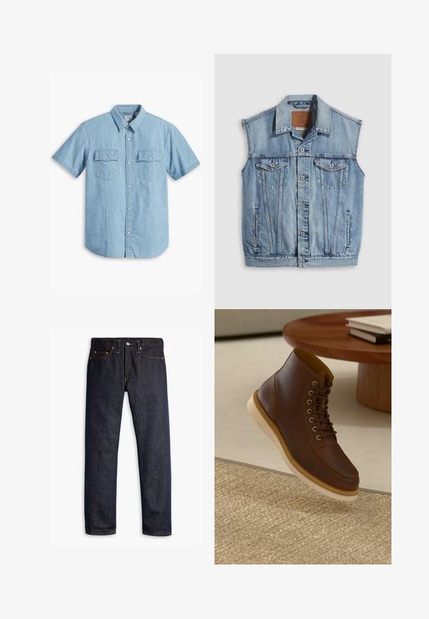 Denimvest i lyseblå med spidse krave, knapper foran, to brystlommer og sidelommer; har et lædermærke med mærket.; Lyseblå kortærmet skjorte med knaplukning lavet af denim, med to brystlommer med lodret syning og en klassisk krave.; Mørkeblå denimjeans med lige pasform, fem-lomme design, kobbernitter, gul syning og et markant struktureret stof.; Brune læderankelstøvle med beige sål på et struktureret beige tæppe ved siden af et rundt træbord med stakke af bøger.