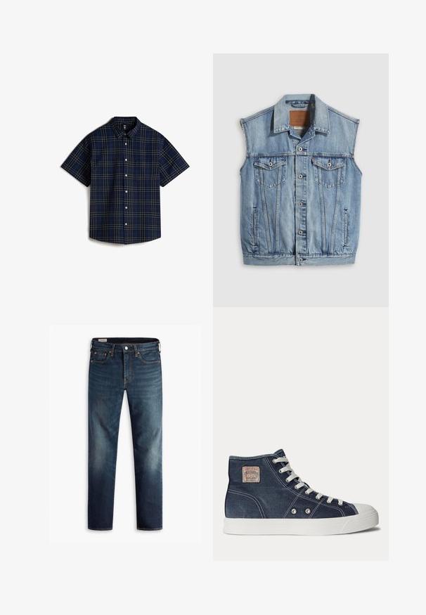 Denimvest i lyseblå med spidse krave, knapper foran, to brystlommer og sidelommer; har et lædermærke med mærket.; Vans LAWSON - Skjorter - medium blue; Mørkeblå denim jeans med lige ben-design, fem lommer og kobberdetaljer. Falmede områder på benene giver teksturkontrast.; Marineblå højtop-sneaker med hvide snørebånd, hvid gummisål, metaløjer og et lille beige mærke på ankelen.