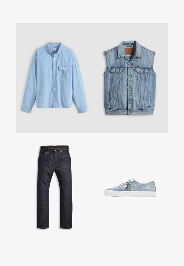 Jeansweste in Hellblau mit spitzem Kragen, vorderer Knopfleiste, zwei Brusttaschen und Seitentaschen; mit Leder-Branding-Patch versehen.; Himmelblaues Hemd mit Knopfverschluss aus Chambray-Stoff. Verfügt über einen Kragen, lange Ärmel und eine Brusttasche mit Klappe und Knopf.; Dunkelblaue Jeans aus Denim mit geradem Schnitt, Fünf-Taschen-Design, metallischen Komponenten und kontrastierenden orangen Nähten. Glatte Textur, keine sichtbaren Muster.; Niedriger Sneaker aus hellblauem Denim mit weißer Gummisohle, weißen Schnürsenkeln und dekorativen Anhängern, die an den seitlichen Ösen hängen.