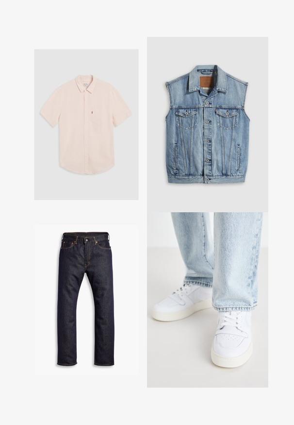 Denimvest in lichtblauw met een puntige kraag, knoopsluiting aan de voorkant, twee borstzakken en zijzakken; voorzien van een lederen merkpatch.; Korte mouwen lichtroze button-up shirt met een kraag, zakje op de linkerborst en een afgeronde zoom. Gemaakt van zachte stof met een minimale textuur.; Donkerblauwe recht gesneden denim jeans met vijf zakken en oranje contrasterende stiknaden, plat gelegd op een witte achtergrond.; Witte leren lage sneakers met geperforeerde neus, platte veters en een minimalistisch ontwerp. Gecombineerd met lichtblauwe denim jeans.