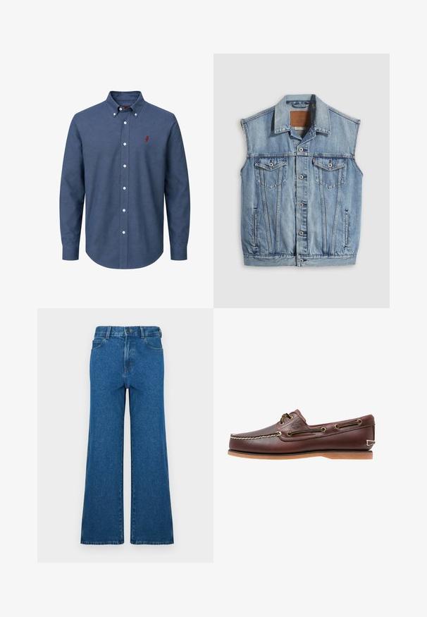 Denimvest i lyseblå med spidse krave, knapper foran, to brystlommer og sidelommer; har et lædermærke med mærket.; Blå skjorte med lange ærmer, hvide knapper og en lille rød broderet logo på venstre bryst.; Bredbenede jeans i blå denim. Har klassisk fem-lomme-design, knaplukning og falmet tekstur. Lige kant med subtile syningsdetaljer.; Brun læder bådsko med hvide sømme, snøre detaljer og lysbrun gummisål, vist fra siden på hvid baggrund.
