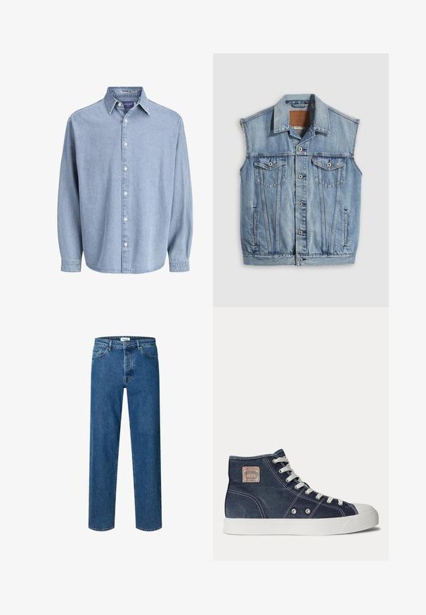 Denimvest i lyseblå med spidse krave, knapper foran, to brystlommer og sidelommer; har et lædermærke med mærket.; Lysblå denim skjorte med lange ærmer og knapper, med krave og hvide knapper, præsenteret mod en helt hvid baggrund.; Blå straight-leg denim jeans med knap- og lynlåslukning, bæltestropper og fem-lomme-design.; Marineblå højtop-sneaker med hvide snørebånd, hvid gummisål, metaløjer og et lille beige mærke på ankelen.