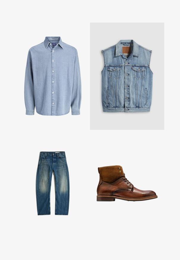 Denimvest in lichtblauw met een puntige kraag, knoopsluiting aan de voorkant, twee borstzakken en zijzakken; voorzien van een lederen merkpatch.; Lichtblauwe denim lange mouw knoophemd met kraag en witte knopen, weergegeven tegen een effen witte achtergrond.; Blauwe spijkerbroek met een vervaagde wassing op de dijen, vijf zakken en een knoop- en ritssluiting, plat gelegd op een witte achtergrond.; Kazar ALID - Veterboots - brown