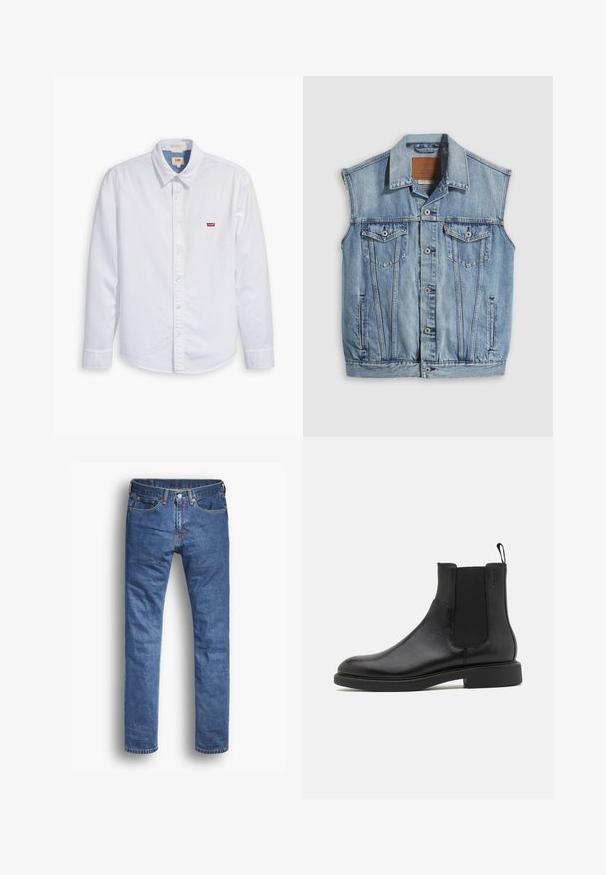 Chaleco vaquero en azul claro con cuello puntiagudo, cierre frontal con botones, dos bolsillos en el pecho y bolsillos laterales; cuenta con una etiqueta de cuero con la marca.; Camisa de botón de manga larga blanca hecha de algodón. Presenta un cuello puntiagudo y un pequeño logo rojo de Levi's en el pecho izquierdo. Textura suave.; Vaqueros de mezclilla en un lavado azul medio con un corte recto, que cuentan con cinco bolsillos, un cierre de botón y cremallera, y sutilezas en los acentos de costura.; Botín de cuero negro con textura suave, paneles laterales elásticos y una lengüeta. Punta redonda y suela de goma plana con mínimo dibujo.
