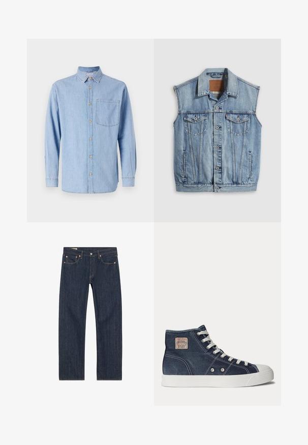 Jeansweste in Hellblau mit spitzem Kragen, vorderer Knopfleiste, zwei Brusttaschen und Seitentaschen; mit Leder-Branding-Patch versehen.; Helles blaues Denimhemd mit Button-Down-Kragen, langen Ärmeln und einer einzelnen Brusttasche. Mit braunen Knopf-Details und kontrastierenden Nähten.; Dunkelblaue Jeans aus Denim mit geradem Schnitt, versehen mit Kupferrivets, gelben Nähten und frontalen Taschen. Glatte Textur mit minimalen Designdetails.; Marineblaue High-Top-Sneaker mit weißen Schnürsenkeln, weißer Gummisohle, Metallösen und einem kleinen beigen Markenpatch im Knöchelbereich.