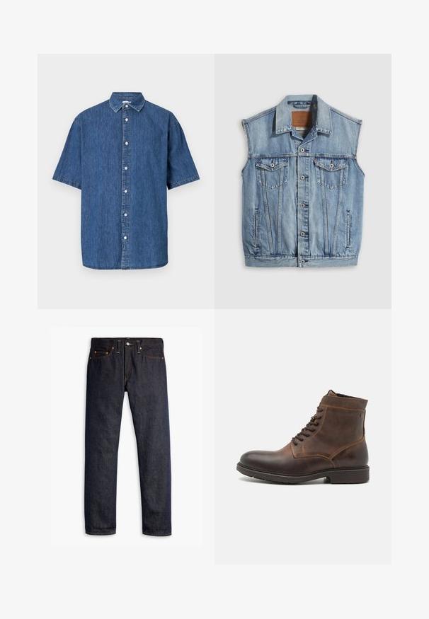 Denimvest in lichtblauw met een puntige kraag, knoopsluiting aan de voorkant, twee borstzakken en zijzakken; voorzien van een lederen merkpatch.; Donkerblauwe spijkerbloes met korte mouwen. Beschikt over een knoopsluiting aan de voorkant, een klassieke kraag en gestikte details langs de randen.; Donkerblauwe spijkerbroek met een rechte pasvorm, vijf zakken, koperen klinknagels, gele stiksels en een duidelijke textuur in de stof.; Jack & Jones JFWDELANEY BOOT - Veterboots - cognac