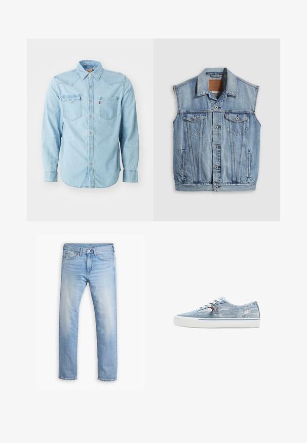 Denimvest i lyseblå med spidse krave, knapper foran, to brystlommer og sidelommer; har et lædermærke med mærket.; Lys blå denim skjorte med lange ærmer, spids krave, to brystlommer, sølvnapsknapper og kontrastsyninger. Glat tekstur.; Lyseblå denimjeans med lige snit, fem lommer og knaplukning. Har subtilt slid og orange syninger som detaljer.; Lavtopet sneaker i lyseblåt denim med hvid gummisål, hvide snørebånd og dekorative charms, der hænger fra de sideplacerede snørehuller.