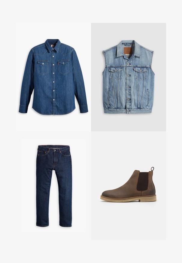 Jeansweste in Hellblau mit spitzem Kragen, vorderer Knopfleiste, zwei Brusttaschen und Seitentaschen; mit Leder-Branding-Patch versehen.; Dunkelblaue Jeanshemd mit langen Ärmeln, spitzem Kragen und Druckknöpfen. Verfügt über zwei Brusttaschen mit Klappen und kontrastierenden Nähten.; Person, die dunkelblaue Jeans mit geradem Bein, weiße Sneakers und einen olivgrünen Pullover trägt, Hände in den Taschen, steht vor einem grauen Hintergrund.; Braune Leder-Chelsea-Stiefel mit elastischen Seitenpaneelen, abgerundeter Zehe, Zuglasche und einer hellbraunen strukturierten Sohle.