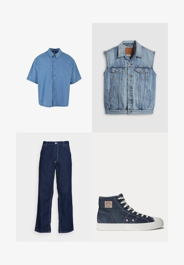 Denimvest i lyseblå med spidse krave, knapper foran, to brystlommer og sidelommer; har et lædermærke med mærket.; Lyseblå kortærmet skjorte med knapper lavet af denim. Har en klassisk krave og seks knaplukninger foran.; Mørkeblå denim-bukser med brede ben, der har høj talje, forlommer og kontrasterende hvid syning langs sømmene.; Marineblå højtop-sneaker med hvide snørebånd, hvid gummisål, metaløjer og et lille beige mærke på ankelen.