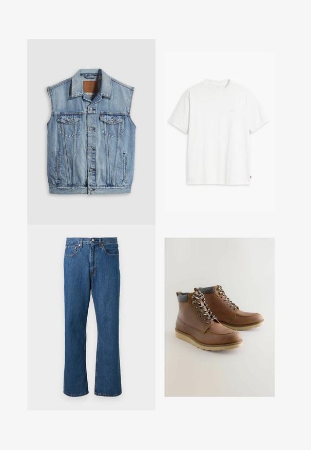 Denimvest in lichtblauw met een puntige kraag, knoopsluiting aan de voorkant, twee borstzakken en zijzakken; voorzien van een lederen merkpatch.; Wit katoenen T-shirt met korte mouwen, ronde hals en een subtiel "Levi's" logo in een lichte kleur op de voorkant gedrukt.; Blauwe rechttoe rechtaan denim jeans met voorzijde knoop en rits, vijf zakken en oranje stiksel details op een effen achtergrond.; Bruine leren enkellaarsjes met een grijze gevoerde kraag, vetersluiting, witte rubberen buitenzool en decoratieve stiksels langs het middenstuk.