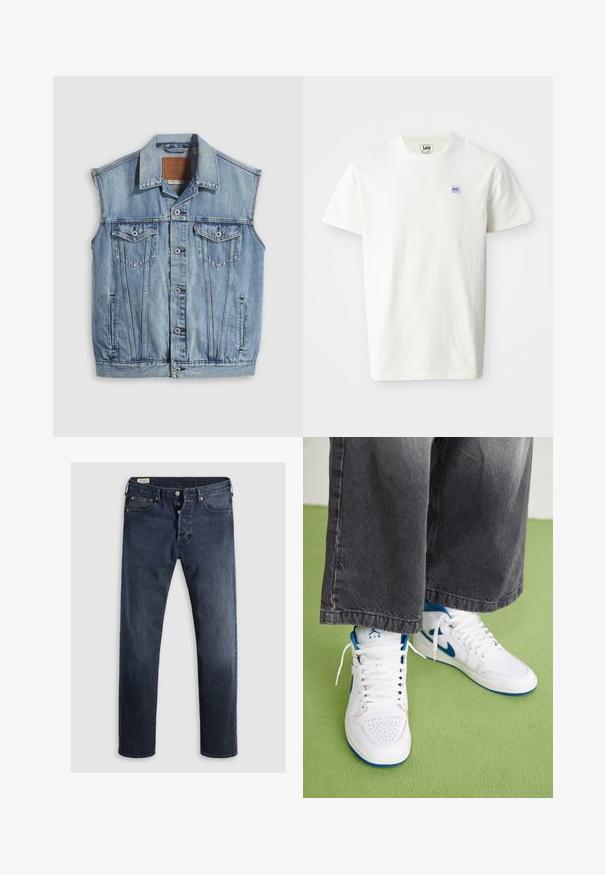 Veste en jean bleu clair avec col pointu, fermeture avant par boutons, deux poches poitrine et poches latérales ; comporte un écusson de marque en cuir.; T-shirt en coton blanc avec un col rond et des manches courtes. Affiche un petit logo rectangulaire en bleu et violet de Lee sur la poitrine gauche.; Jeans en denim bleu foncé avec une coupe droite, dotés d'un zip et de boutons en métal, ainsi que d'accents de rivets en cuivre. Texture lisse, sans motifs visibles.; Baskets montantes blanches avec des accents bleus, boîtier perforé, et lacets blancs. Portées avec un pantalon en denim gris ample sur une surface verte.