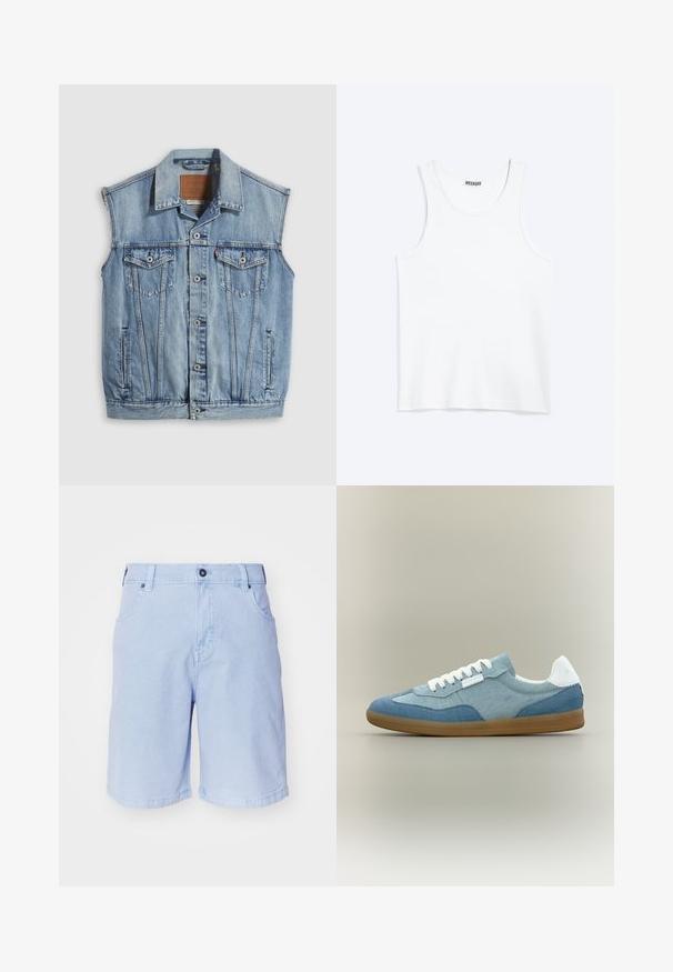 Veste en jean bleu clair avec col pointu, fermeture avant par boutons, deux poches poitrine et poches latérales ; comporte un écusson de marque en cuir.; Débardeur blanc sans manches avec col rond et étiquette de la marque Weekday à l'intérieur du col arrière, présenté à plat sur un fond clair.; Shorts bleu clair en coton. Comprend une fermeture à bouton, deux poches avant et une coupe droite avec ourlets roulés.; Baskets basses décontractées avec des panneaux en tissu bleu clair et bleu foncé, lacets blancs, languette de talon blanche et semelle en caoutchouc marron sur fond neutre.