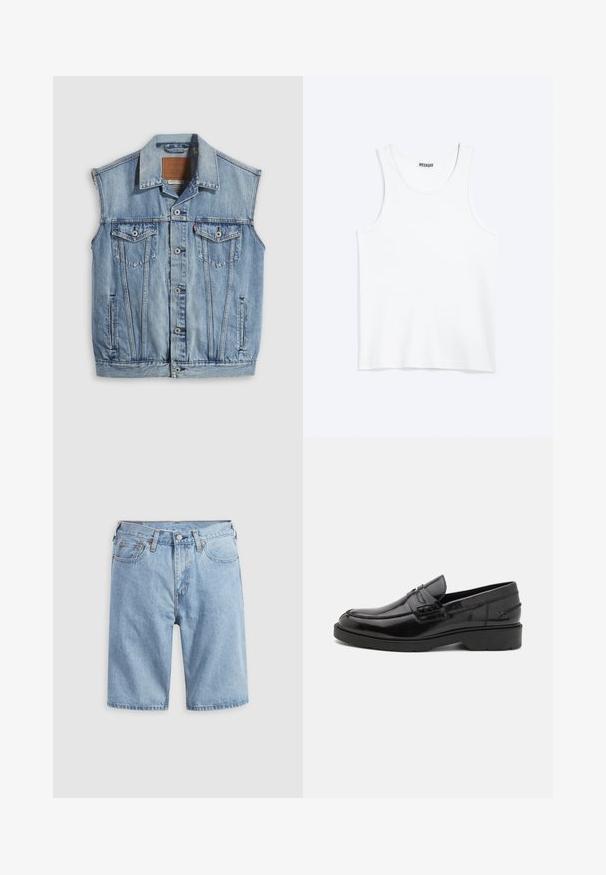 Denimvest i lyseblå med spidse krave, knapper foran, to brystlommer og sidelommer; har et lædermærke med mærket.; Hvid ærmeløs tanktop med rund halsudskæring og Weekday-mærke på den indvendige baghals, vist fladt på lys baggrund.; Lyseblå denimshorts med forlommer, bæltestropper og knaplukning på en ensfarvet lys baggrund.; Sorte læder loafers med en glat finish, rund tå, lav hæl og dekorativ syning langs forsiden. Gummisål for godt greb.