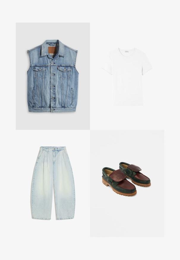 Denimvest in lichtblauw met een puntige kraag, knoopsluiting aan de voorkant, twee borstzakken en zijzakken; voorzien van een lederen merkpatch.; American Vintage GAMIPY - T-shirt basic - blanc; Lichtblauwe wijde jeans met hoge taille, plooien aan de voorkant en voorzakken, plat gelegd op een witte achtergrond.; Leren schoenen met een donkergroene body en een wijnrode bovenkant, een ronde neus, een beveiligde klep en een gestructureerde rubberen zool met groeven.
