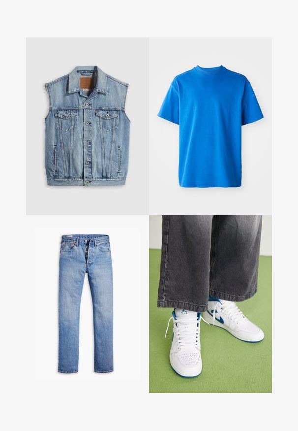 Denimvest i lyseblå med spidse krave, knapper foran, to brystlommer og sidelommer; har et lædermærke med mærket.; Blå bomulds T-shirt med rund hals, korte ærmer og en afslappet pasform. Glat tekstur og enkelt design uden mønstre eller accenter.; Lysblå denimjeans med lige ben, fem-knaps lukning, bæltestropper og subtilt slid. Har to forlommer og kobbernitter.; Hvide højtop sneakers med blå accenter, perforeret tå boks og hvide snørebånd. Båret med løse grå denim bukser på en grøn overflade.