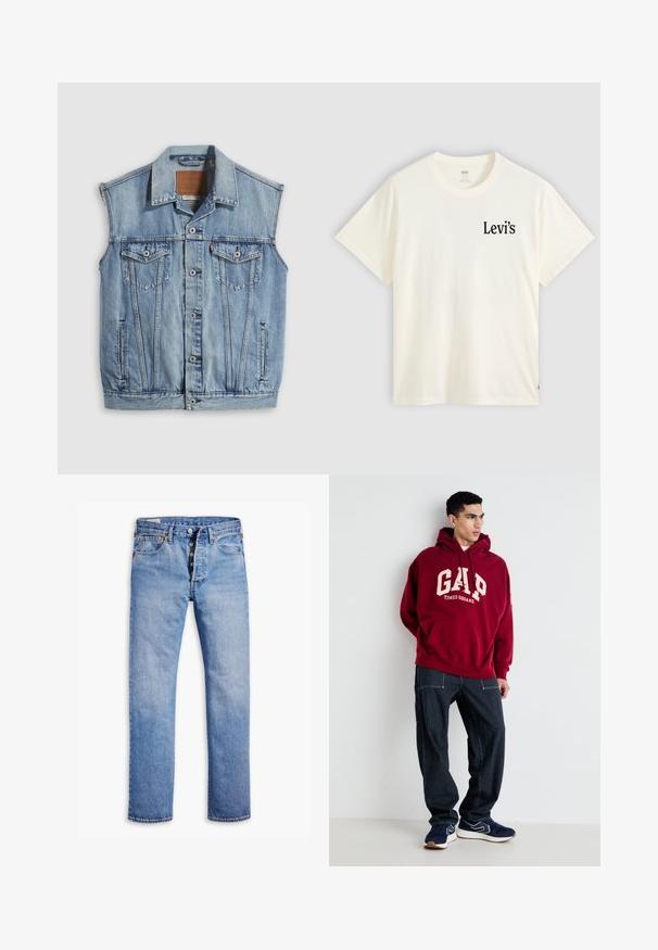 Jeansweste in Hellblau mit spitzem Kragen, vorderer Knopfleiste, zwei Brusttaschen und Seitentaschen; mit Leder-Branding-Patch versehen.; Weißes T-Shirt mit kurzen Ärmeln und Rundhalsausschnitt mit kleinem schwarzem Levi's-Logo auf der linken Brustseite vor einfarbigem Hintergrund.; Helle blaue Jeans mit geradem Bein, Fünf-Knopf-Verschluss, Gürtelschlaufen und dezentem Verblassen. Verfügt über zwei Fronttaschen und kupferfarbene Nieten.; Bordeauxfarbener Kapuzenpullover mit "GAP" und "TIMES SQUARE" in Creme aufgedruckt, kombiniert mit navyblauen gestreiften Hosen und navyblauen Sneakern mit weißen Akzenten.