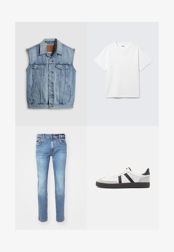 Chaleco vaquero en azul claro con cuello puntiagudo, cierre frontal con botones, dos bolsillos en el pecho y bolsillos laterales; cuenta con una etiqueta de cuero con la marca.; Camiseta blanca de manga corta con cuello redondo, colocada plana, diseño liso, con etiqueta "WEEKDAY" en el interior del cuello sobre un fondo claro.; Jeans de mezclilla azul claro con corte recto, diseño de cinco bolsillos y costuras en contraste, exhibiendo un acabado desgastado y un corte clásico.; Zapatilla blanca con acentos en negro y gris, que presenta una puntera texturizada en gris, suela de goma negra y cordones planos blancos. Diseño limpio, estilo minimalista.