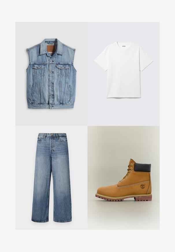 Jeansweste in Hellblau mit spitzem Kragen, vorderer Knopfleiste, zwei Brusttaschen und Seitentaschen; mit Leder-Branding-Patch versehen.; Weißes T-Shirt mit kurzen Ärmeln und Rundhalsausschnitt, flach liegend, schlichtes Design, mit „WEEKDAY“-Etikett innen im Kragen auf hellem Hintergrund.; Weite blaue Denim-Jeans mit einer ausgewaschenen Optik, Fünf-Taschen-Design und einer Knopfverschluss. Ausgestattet mit Gürtelschlaufen und gestickten Details.; Brauner Leder-Stiefelette mit schwarzem Kragen, gelben Schnürsenkeln und hellbrauner Sohle. Verfügt über ein Logo und weiße Ziernähe. Robuste Profilsohle.