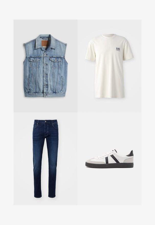 Denimvest in lichtblauw met een puntige kraag, knoopsluiting aan de voorkant, twee borstzakken en zijzakken; voorzien van een lederen merkpatch.; Crème-kleurig katoenen T-shirt met een ronde halslijn, korte mouwen en een blauw "Lee Workwear" logo op de linkerkant van de borst.; Donkerblauwe slim-fit spijkerbroek met knoop aan de voorkant, zakken, riemlussen en subtiele vervaging details op de benen.; Witte sneaker met zwarte en grijze accenten, voorzien van een grijze neus met textuur, zwarte rubberen zool en platte witte veters. Schoon ontwerp, minimalistische stijl.