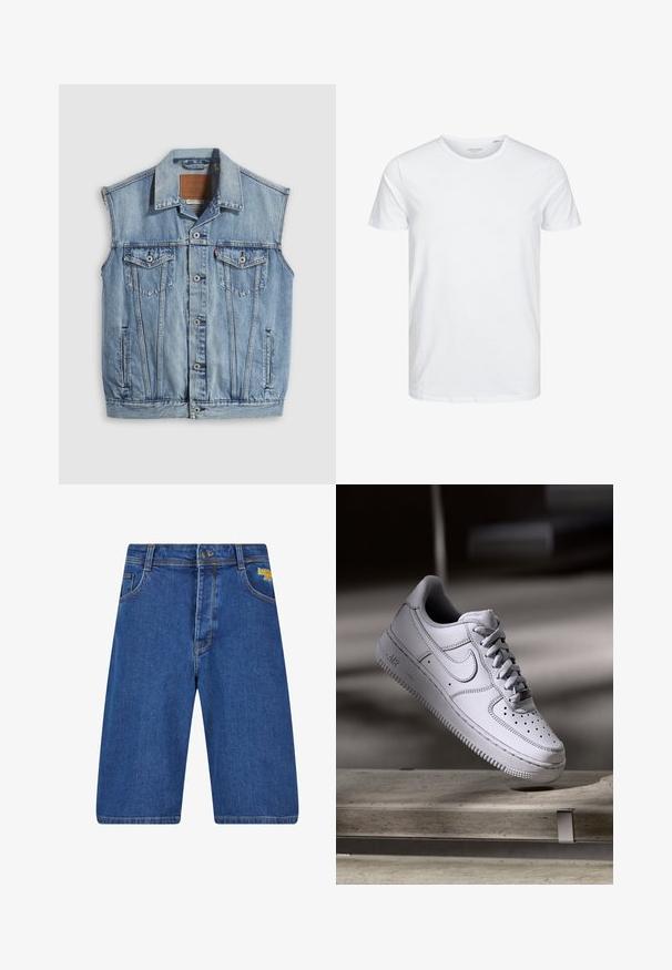 Denimvest in lichtblauw met een puntige kraag, knoopsluiting aan de voorkant, twee borstzakken en zijzakken; voorzien van een lederen merkpatch.; Ronde hals kortemouwen t-shirt in effen wit, gemaakt van zachte katoen, heeft een eenvoudig ontwerp zonder zichtbare patronen of accenten.; Donkerblauwe denim short met een relaxed fit, voorzien van een standaard vijf-pocket ontwerp, gele logo-detail en contrasterende stiksels.; Witte Nike Air Force 1 sneaker van leer met geperforeerde neus, platte veters en een gestructureerde rubberen zool met "AIR"-logo aan de zijkant.