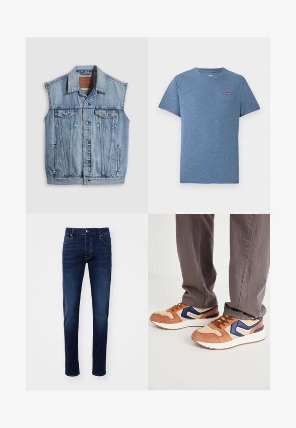 Jeansweste in Hellblau mit spitzem Kragen, vorderer Knopfleiste, zwei Brusttaschen und Seitentaschen; mit Leder-Branding-Patch versehen.; Blau meliertes Kurzarm-T-Shirt mit Rundhalsausschnitt und kleinem rotem Levi's-Logo auf der linken Brust.; Dunkelblaue Slim-Fit Denim-Jeans mit Knopf vorne, Taschen, Gürtelschlaufen und dezenten Ausbleichungen an den Beinen.; Sneaker aus einer Kombination von hellbraunem Wildleder und cremefarbenem synthetischem Material, mit blauen Akzenten und einer strukturierten Sohle; braune Schnürsenkel; getragen mit grauen gestreiften Hosen.