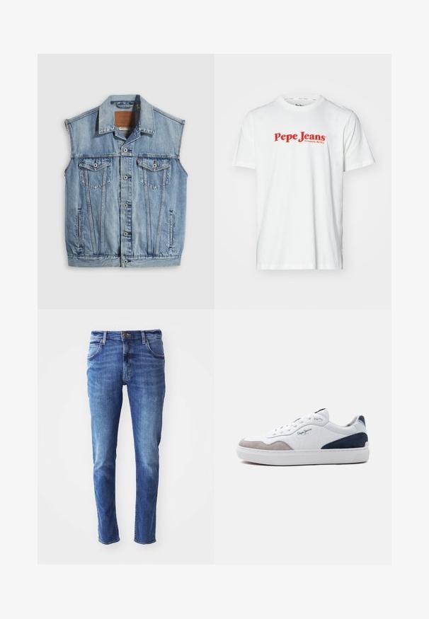 Veste en jean bleu clair avec col pointu, fermeture avant par boutons, deux poches poitrine et poches latérales ; comporte un écusson de marque en cuir.; T-shirt en coton blanc avec le texte rouge "Pepe Jeans" en logo. Manches courtes et col rond, avec une coupe standard et sans motifs visibles.; Jean en denim bleu avec une coupe slim, design à cinq poches et léger délavage. Équipé d'un bouton et d'une fermeture éclair de marque.; Baskets basses blanches avec l'avant en daim gris, talon en daim bleu marine, lacets blancs et logo "Pepe Jeans" sur le côté.