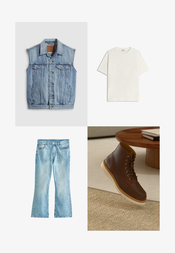 Denimvest i lyseblå med spidse krave, knapper foran, to brystlommer og sidelommer; har et lædermærke med mærket.; Hvid ribstrikket T-shirt med korte ærmer og rund hals. Blød tekstur med en afslappet pasform, uden synlige mønstre eller detaljer.; Lyseblå denimjeans med høj talje, knaplukning, forlommer og let vidde ved benene.; Brune læderankelstøvle med beige sål på et struktureret beige tæppe ved siden af et rundt træbord med stakke af bøger.