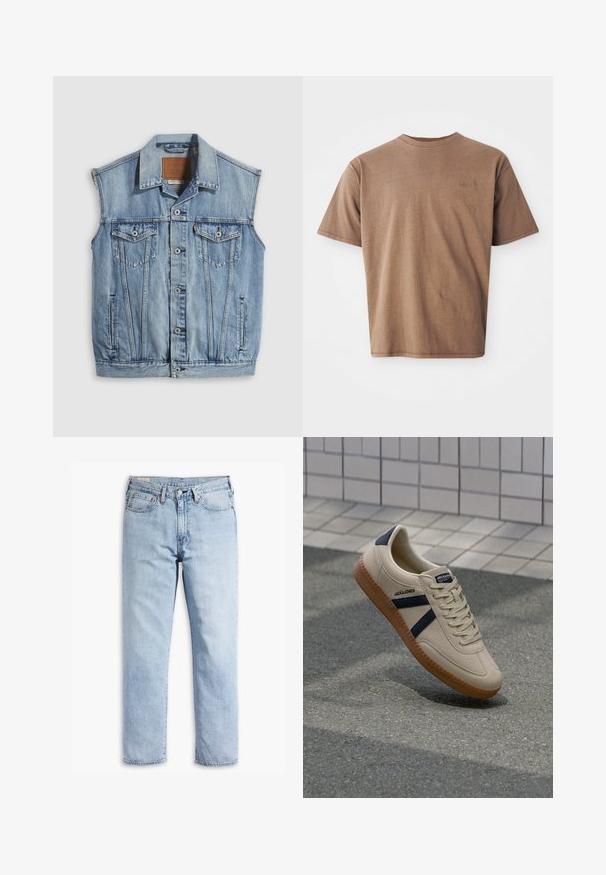 Denimvest in lichtblauw met een puntige kraag, knoopsluiting aan de voorkant, twee borstzakken en zijzakken; voorzien van een lederen merkpatch.; Bruine katoenen t-shirt met ronde hals, korte mouwen en een discreet geborduurd logo op de linkerborst. Soepele structuur, relaxte pasvorm.; Lichtblauwe denim jeans met een rechte pijpdesign, vijfzakkenstijl en stevige stiksel-details. Voorzien van een rits en metalen knop.; Beige sneaker met een textuurafwerking, marineblauwe strepen en een rubberen zool. Heeft een gevoerde tong en een traditioneel vetersysteem voor een veilige pasvorm.