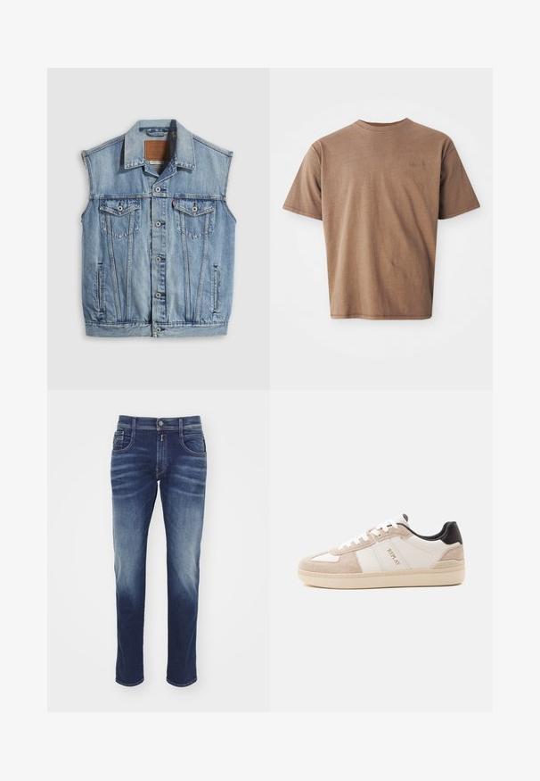 Denimvest i lyseblå med spidse krave, knapper foran, to brystlommer og sidelommer; har et lædermærke med mærket.; Brun bomulds t-shirt med rund hals, korte ærmer og et diskret broderet logo på venstre brystområde. Glat tekstur, afslappet pasform.; Mørkeblå denim jeans med lige ben, let slidte områder, fem lommer, knaplukning og syede detaljer langs sømmene.; Lavtop sneaker i beige ruskind og hvidt læder med sort hælkappe, "Replay" logo på siden og hælen, beige sål med mønstret kant.