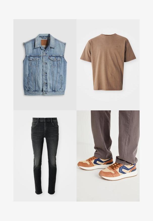 Jeansweste in Hellblau mit spitzem Kragen, vorderer Knopfleiste, zwei Brusttaschen und Seitentaschen; mit Leder-Branding-Patch versehen.; Braunes Baumwoll-T-Shirt mit Rundhalsausschnitt, kurzen Ärmeln und einem dezenten gestickten Logo auf der linken Brustseite. Glatte Textur, lockerer Schnitt.; Dunkelgraue, hoch taillierte Skinny-Jeans mit einem verblassten Look. Mit fünf Taschen, Gürtelschlaufen und einem klassischen Knopfverschluss.; Sneaker aus einer Kombination von hellbraunem Wildleder und cremefarbenem synthetischem Material, mit blauen Akzenten und einer strukturierten Sohle; braune Schnürsenkel; getragen mit grauen gestreiften Hosen.
