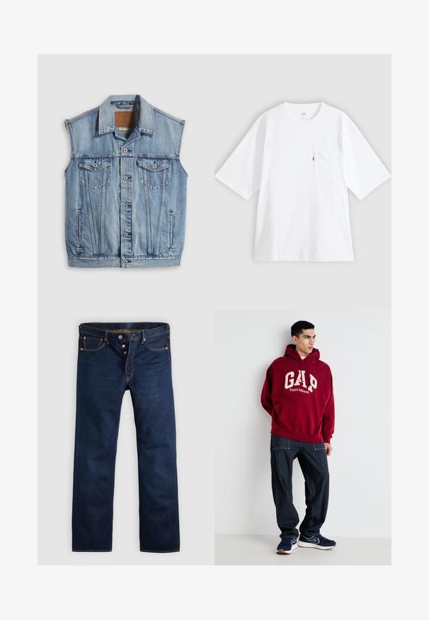 Jeansweste in Hellblau mit spitzem Kragen, vorderer Knopfleiste, zwei Brusttaschen und Seitentaschen; mit Leder-Branding-Patch versehen.; Weißes Baumwoll-T-Shirt mit kurzen Ärmeln, rundem Ausschnitt und Brusttasche auf der linken Seite. Mit kleinem rotem Logotag an der Tasche.; Dunkelblaue Jeans aus Denim mit geradem Bein, fünf Taschen und goldenen Nähten. Verfügt über einen Knopfverschluss und Kupfernieten. Glatte Textur.; Bordeauxfarbener Kapuzenpullover mit "GAP" und "TIMES SQUARE" in Creme aufgedruckt, kombiniert mit navyblauen gestreiften Hosen und navyblauen Sneakern mit weißen Akzenten.