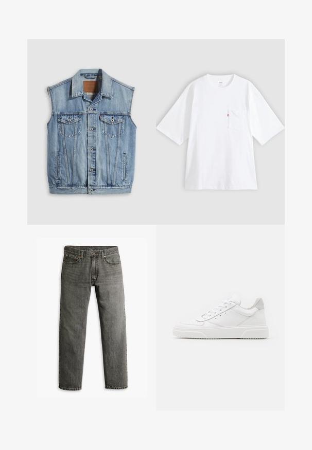 Denimvest in lichtblauw met een puntige kraag, knoopsluiting aan de voorkant, twee borstzakken en zijzakken; voorzien van een lederen merkpatch.; Wit katoenen T-shirt met korte mouwen, ronde hals en een borstzak aan de linkerkant. Heeft een klein rood logotagje op de zak.; Grijze denim jeans met een recht model, klassieke vijf-pocket styling en subtiele stiksels op de naden en zakken.; Witte leren sneakers met een gladde afwerking, ronde neus, platte veters en een gestructureerde zool. Grijze suède accent bij de hiel.