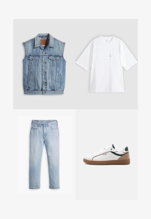 Jeansweste in Hellblau mit spitzem Kragen, vorderer Knopfleiste, zwei Brusttaschen und Seitentaschen; mit Leder-Branding-Patch versehen.; Weißes Baumwoll-T-Shirt mit kurzen Ärmeln, rundem Ausschnitt und Brusttasche auf der linken Seite. Mit kleinem rotem Logotag an der Tasche.; Helle blaue Denim-Jeans mit geradem Bein, im Fünf-Taschen-Stil und kontrastierenden Nähten. Knopf- und Reißverschluss an der Taille.; Weißer Sneaker mit niedriger Schafthöhe, brauner Sohle, grünen und beigen Akzenten, weißen Schnürsenkeln und dem Logo "Pepe Jeans London" an der Seite.