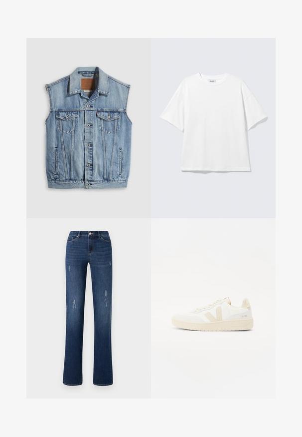 Jeansweste in Hellblau mit spitzem Kragen, vorderer Knopfleiste, zwei Brusttaschen und Seitentaschen; mit Leder-Branding-Patch versehen.; Weißes oversized T-Shirt mit kurzen Ärmeln und Rundhalsausschnitt mit eingesetzten Schultern, flach auf hellgrauem Hintergrund.; ONLY ONLWAUW MID WAIST - Jeans Slim Fit - dark blue denim; Weißer Sneaker mit beigen Akzenten, ausgestattet mit einem strukturierten Obermaterial, runder Zehenpartie und einer dicken Gummisohle. Das Design umfasst das ikonische V-Logo und Branding.