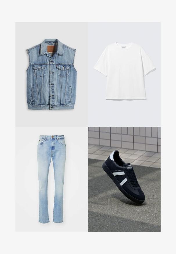 Denimvest i lyseblå med spidse krave, knapper foran, to brystlommer og sidelommer; har et lædermærke med mærket.; Hvid oversized t-shirt med korte ærmer og rund halsudskæring med sænkede skuldre, fladt lagt på lys grå baggrund.; Lyseblå denim jeans med lige pasform, der har fem lommer, knaplukning og subtil falming ved lårene og kanten.; Sort lædersneaker med hvide striber, tekstureret gummisål og snørrebånd foran. Har et brandet mærke på tungen.