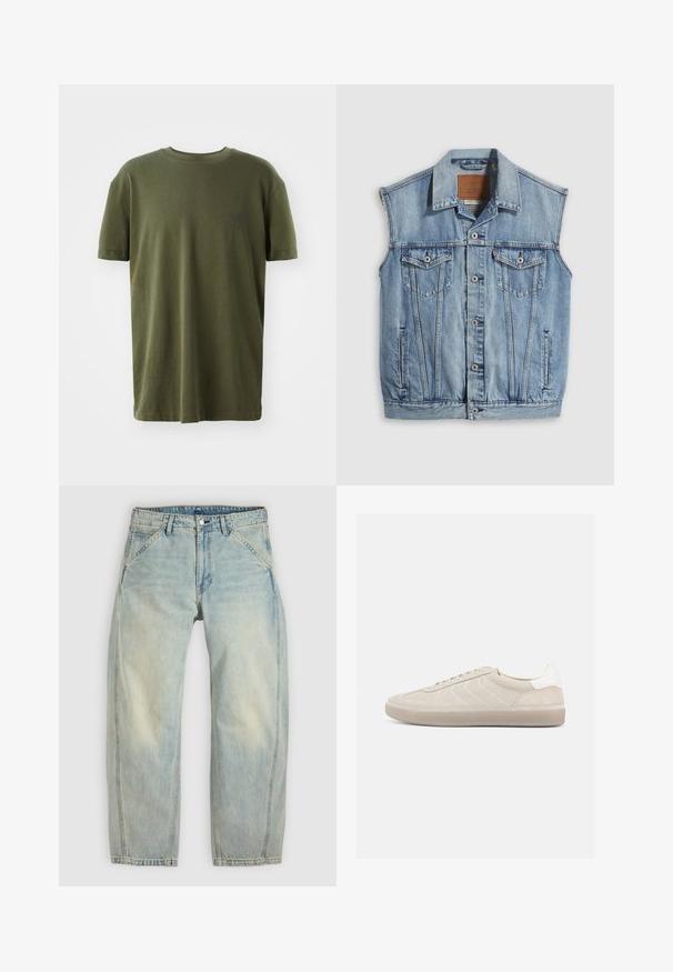 Chaleco vaquero en azul claro con cuello puntiagudo, cierre frontal con botones, dos bolsillos en el pecho y bolsillos laterales; cuenta con una etiqueta de cuero con la marca.; Camiseta de color verde oliva en algodón, con mangas cortas, cuello redondo y un pequeño logo impreso en azul oscuro en el lado izquierdo del pecho.; Vaqueros de pierna ancha en azul claro hechos de denim. Cuentan con cinco bolsillos, cierre de botón y zonas desgastadas para un aspecto envejecido.; Zapatilla beige de ante con parte superior texturizada, contrafuerte de talón blanco liso, cordones finos y suela de goma. Presenta un diseño de perfil bajo.