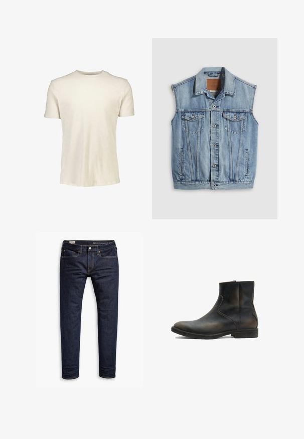 Chaleco vaquero en azul claro con cuello puntiagudo, cierre frontal con botones, dos bolsillos en el pecho y bolsillos laterales; cuenta con una etiqueta de cuero con la marca.; Camiseta de manga corta en beige claro, hecha de algodón suave. Presenta un escote redondo y una textura lisa sin patrones ni gráficos.; Jeans de mezclilla azul oscuro con corte slim, que cuentan con costuras naranjas, diseño de cinco bolsillos y herrajes metálicos. Textura suave, sin patrones.; AllSaints LANG - Botines - brown