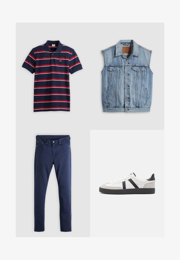 Jeansweste in Hellblau mit spitzem Kragen, vorderer Knopfleiste, zwei Brusttaschen und Seitentaschen; mit Leder-Branding-Patch versehen.; Navyblaues Poloshirt mit rot-weißen horizontalen Streifen, drei Knöpfen am Kragen und kleinem Levi's-Logo auf der Brust. Aus weichem Baumwollmaterial.; Marineblaue Baumwollhose mit schmaler Passform, ausgestattet mit klassischem Fünf-Taschen-Design und Reißverschluss, glatter Textur und klaren Linien.; Weiße Sneaker mit schwarz- und grau-aczenten, ausgestattet mit einer strukturierten grauen Zehenkappe, schwarzer Gummi-Sohle und flachen weißen Schnürsenkeln. Sauberes Design, minimalistische Stil.