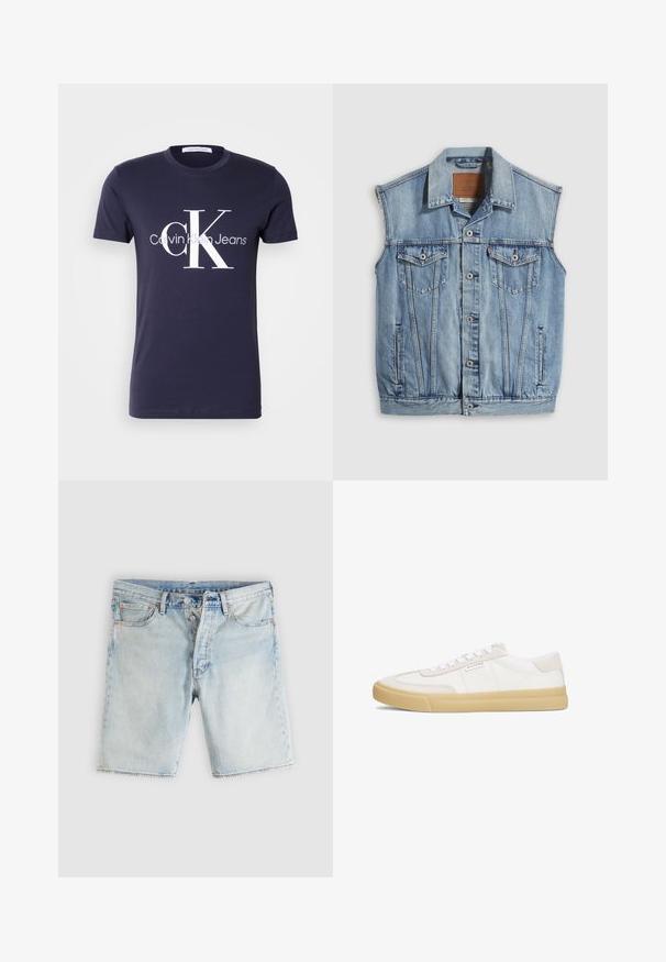 Denimvest i lyseblå med spidse krave, knapper foran, to brystlommer og sidelommer; har et lædermærke med mærket.; Mørkeblå T-shirt med korte ærmer med stort hvidt "cK" og "Calvin Klein Jeans" logo centreret foran.; Lyseblå denimshorts med knaplukning, bæltestropper og forlommer på en ensartet lys grå baggrund.; Hvide sneakers lavet af læder og ruskind, med snørestropper, en tan gummisål og et lille logo på siden.