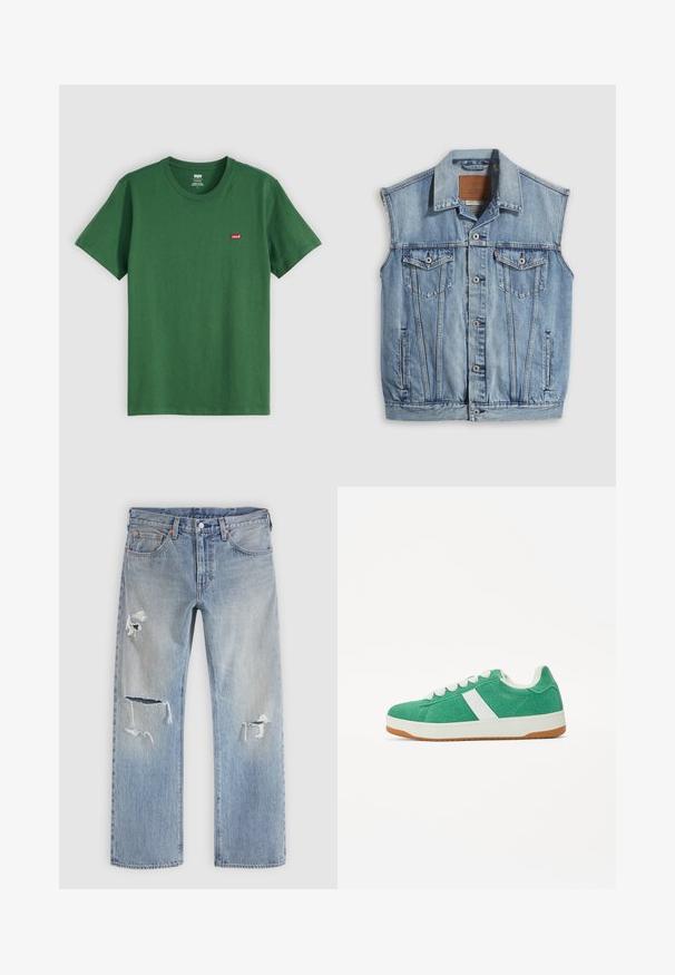 Denimvest i lyseblå med spidse krave, knapper foran, to brystlommer og sidelommer; har et lædermærke med mærket.; Grøn bomulds t-shirt med rund hals, korte ærmer og et lille rødt Levi's-logo på venstre bryst. Blød tekstur, standard pasform.; Lyseblå denimjeans med lige pasform og slidte detaljer på begge ben, vist på en ensfarvet lys baggrund.; Grønne tekstilsneakers med hvide accenter, rund tå, snørelukning og en gummirubbersål. Har stikninger og en blød tekstur.