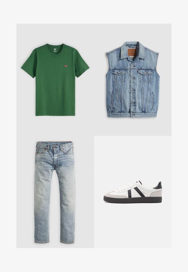 Chaleco vaquero en azul claro con cuello puntiagudo, cierre frontal con botones, dos bolsillos en el pecho y bolsillos laterales; cuenta con una etiqueta de cuero con la marca.; Camiseta de algodón verde con cuello redondo, mangas cortas y un pequeño logo rojo de Levi's en el lado izquierdo del pecho. Textura suave, corte estándar.; Jean de denim recto de pierna recta de color azul claro con cierre de botón, bolsillos delanteros y presillas para cinturón, mostrados planos sobre un fondo blanco.; Zapatilla blanca con acentos en negro y gris, que presenta una puntera texturizada en gris, suela de goma negra y cordones planos blancos. Diseño limpio, estilo minimalista.
