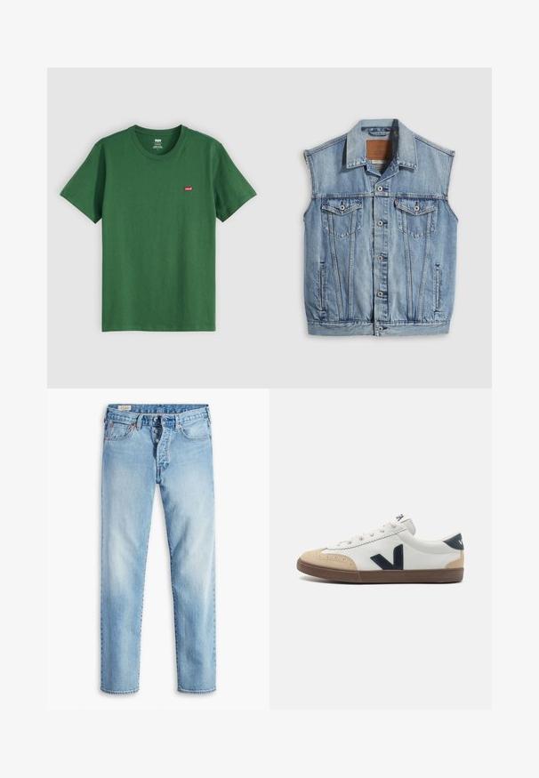 Denimvest in lichtblauw met een puntige kraag, knoopsluiting aan de voorkant, twee borstzakken en zijzakken; voorzien van een lederen merkpatch.; Groene katoenen t-shirt met een ronde hals, korte mouwen en een klein rood Levi's-logo op de linkerkant van de borst. Zachte textuur, normale pasvorm.; Lichtblauwe denim jeans met een rechte pijp, voorzien van vijf zakken, riemlussen en een knoopsluiting.; Witte leren sneaker met beige teencap, marineblauw zijwaarts "V" logo en een bruine rubberen zool. Beschikt over ronde veters en textuurelementen.