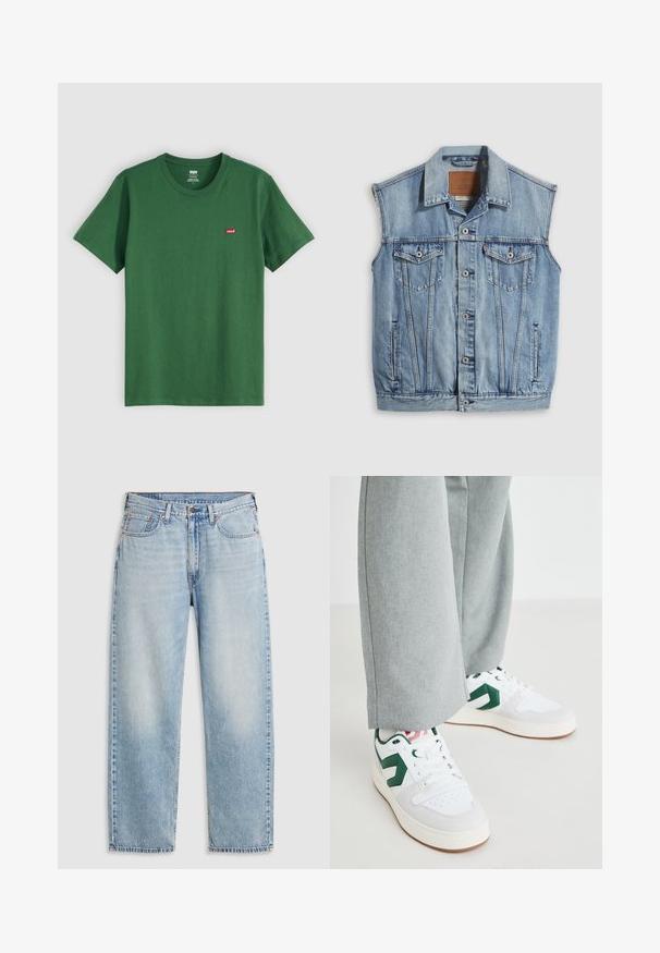 Jeansweste in Hellblau mit spitzem Kragen, vorderer Knopfleiste, zwei Brusttaschen und Seitentaschen; mit Leder-Branding-Patch versehen.; Grünes Baumwoll-T-Shirt mit Rundhalsausschnitt, kurzen Ärmeln und einem kleinen roten Levi's-Logo auf der linken Brust. Weicher Stoff, normale Passform.; Helleblaue Jeans im geraden Schnitt mit fünf Taschen, Metallknopfverschluss und verblasstem Detail an Oberschenkeln und Knien, flach auf einem weißen Hintergrund ausgebreitet.; Weiße und grüne Sneakers aus glattem Leder und Wildleder, mit einem auffälligen grünen Logo-Akzent und weißen Schnürsenkeln. Graue Hosen sind teilweise sichtbar.