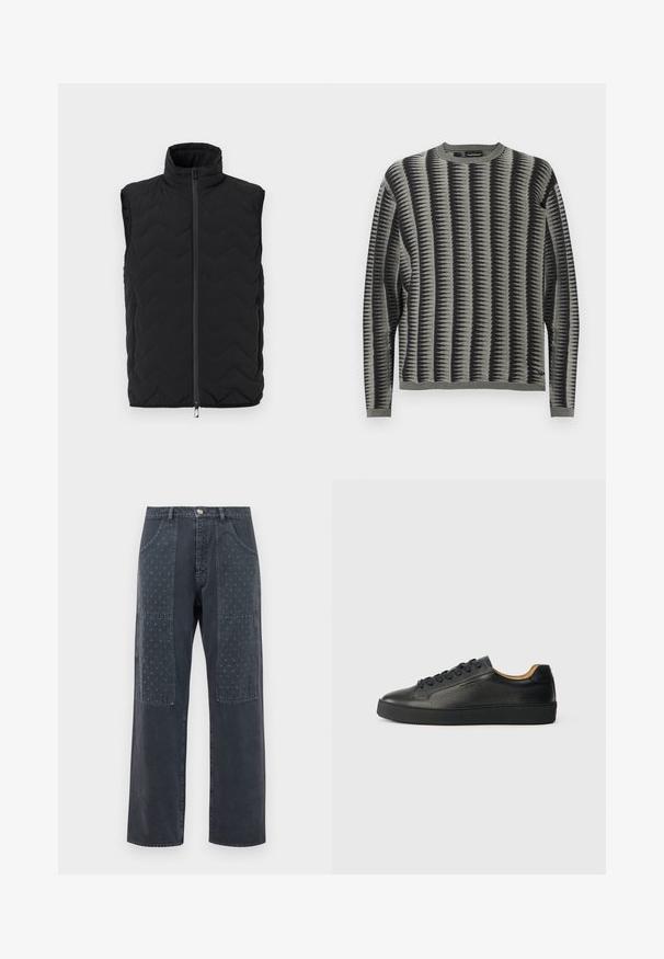 Chaleco negro sin mangas acolchado con cuello alto, cremallera frontal, dos bolsillos laterales con cremallera y logo sutil en el pecho sobre fondo liso.; Suéter de hombre en gris y negro con un patrón geométrico. Cuenta con mangas largas y cuello redondo. Hecho de un tejido de punto suave.; Vaqueros gris oscuro con corte de pierna ancha, que presentan parches decorativos en la parte frontal con un sutil patrón floral y detalles de bolsillo estándar.; Zapatilla negra de cuero de caña baja con superficie texturizada, cordones negros y suela de goma gruesa, mostrada de lado sobre un fondo claro.