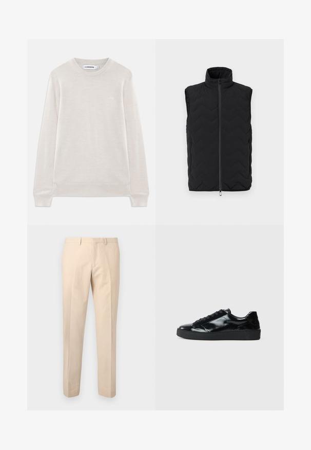 Musta, hihaton tikattu liivi, jossa korkea kaulus, etuvetoketju, kaksi vetoketjullista sivutaskua ja hillitty rintalogo yksivärisellä taustalla.; Vaaleanbeige pitkähihaisessa crewneck-neuleessa on röyhelökaulus ja -helma, hienovarainen logo vasemmassa rintapielessä ja J.Lindeberg -etiketti kauluksessa.; Beiget, kapeat housut, joissa on vyölenkit, edessä vetoketju ja housunlahkeissa tukevat suorat laskokset, esillä vaaleanharmaalla taustalla.; Mustat lakatut nahkakengät pyöreällä varpaalla, nauhakiinnitys, teksturoitu kumipohja ja sileä pinta.