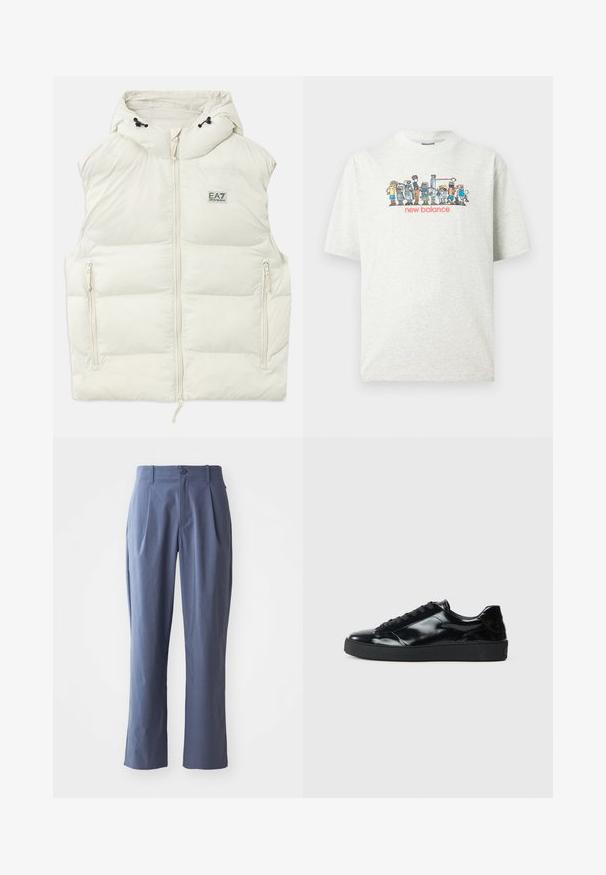 Gilet rembourré ivoire avec capuche, doté d'une fermeture éclair à l'avant et de deux poches latérales. Comprend un petit patch logo sur la poitrine. Texture lisse.; T-shirt gris clair avec des personnages de robots colorés en bande dessinée jouant au basket-ball au-dessus du texte rouge "new balance".; Pantalon bleu marine avec plis, coupe droite, en tissu léger, avec une fermeture à un bouton à l'avant et des passants de ceinture.; Baskets en cuir verni noir avec un bout arrondi, un laçage, une semelle en caoutchouc texturé et une finition lisse.
